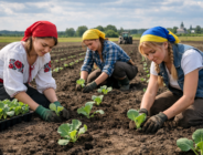 Ukrainian farm girls are planting cabbage in the fields