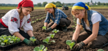 Ukrainian farm girls are planting cabbage in the fields