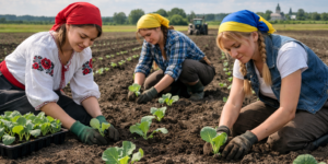 Ukrainian farm girls are planting cabbage in the fields
