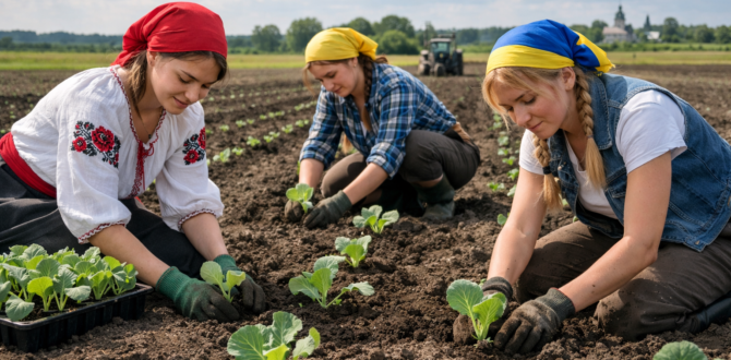Ukrainian farm girls are planting cabbage in the fields